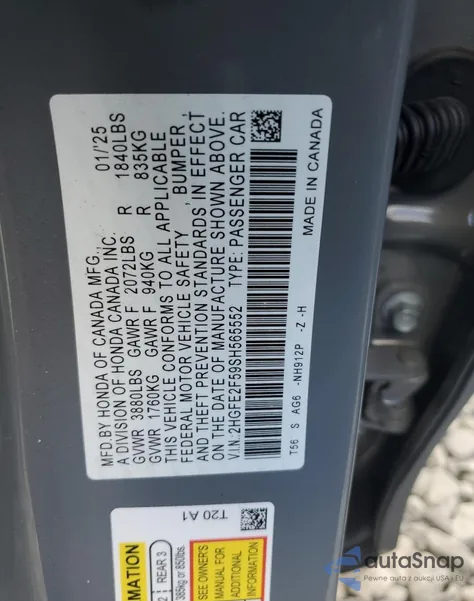 2025 Honda Civic Sport z USA, uszkodzony, nr VIN 2HGFE2F59SH565552